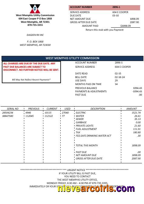 USA Arkansas West Memphis business utility bill